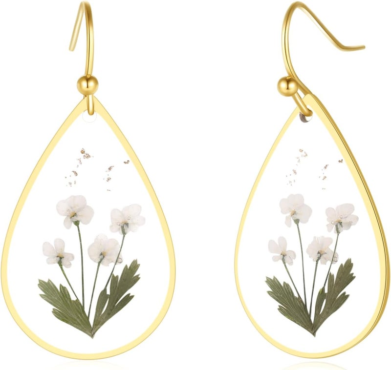 AUNTESIGN Store Forget-Me-Not and Queen Anne's Lace Pressed Wildflower Earrings | Pressed Flower Earrings | Handmade Drop and Dangle Earrings | Gift for Woman - Image 1